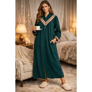 Vanity Fair Robe Womens M Green Floral Tapestry Fleece Loungewear Vintage